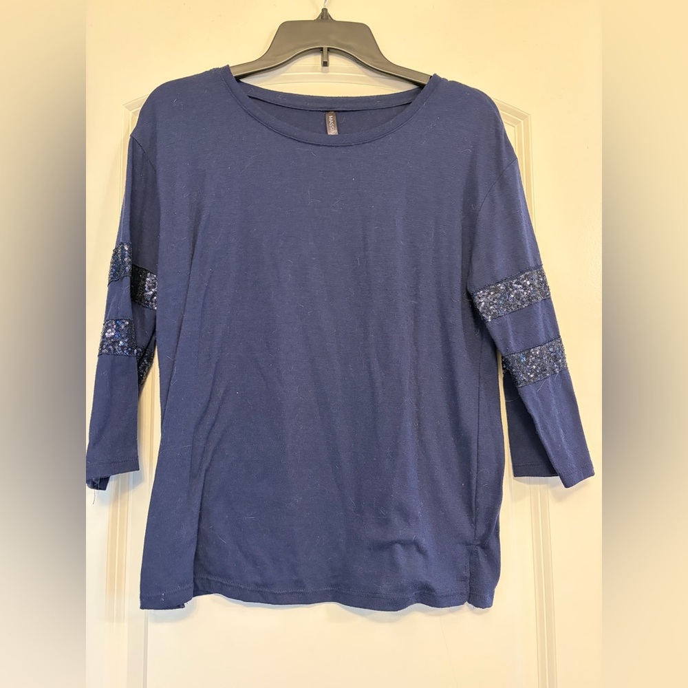 Navy Sequin-Trim 3/4 Sleeve Women's Top